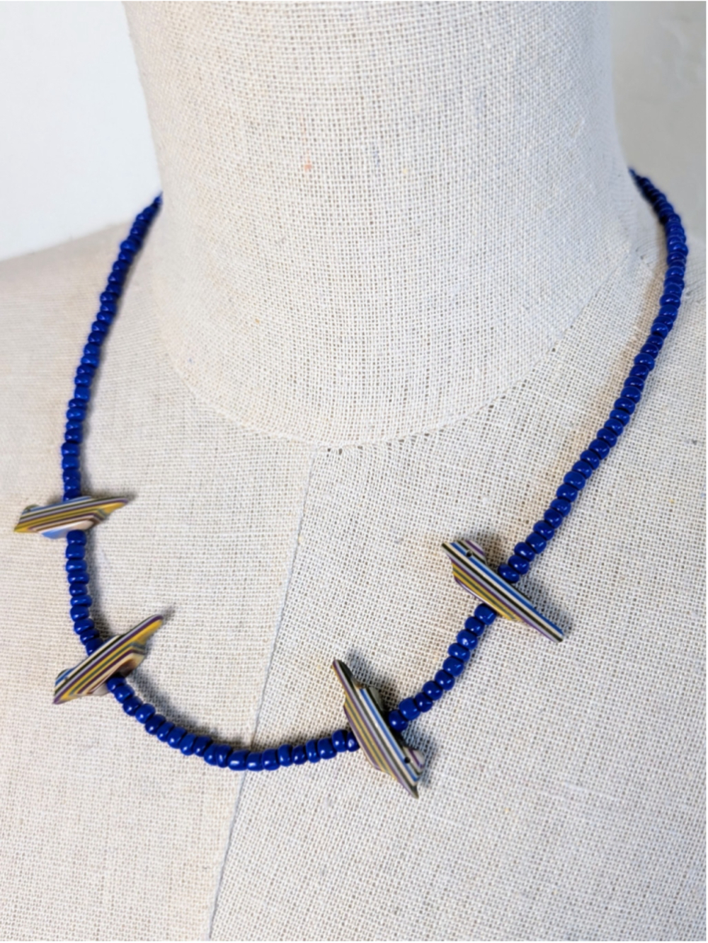Vintage Style Blue Bead Bird Fetish Necklace Striped Focal Beads 19.5in
